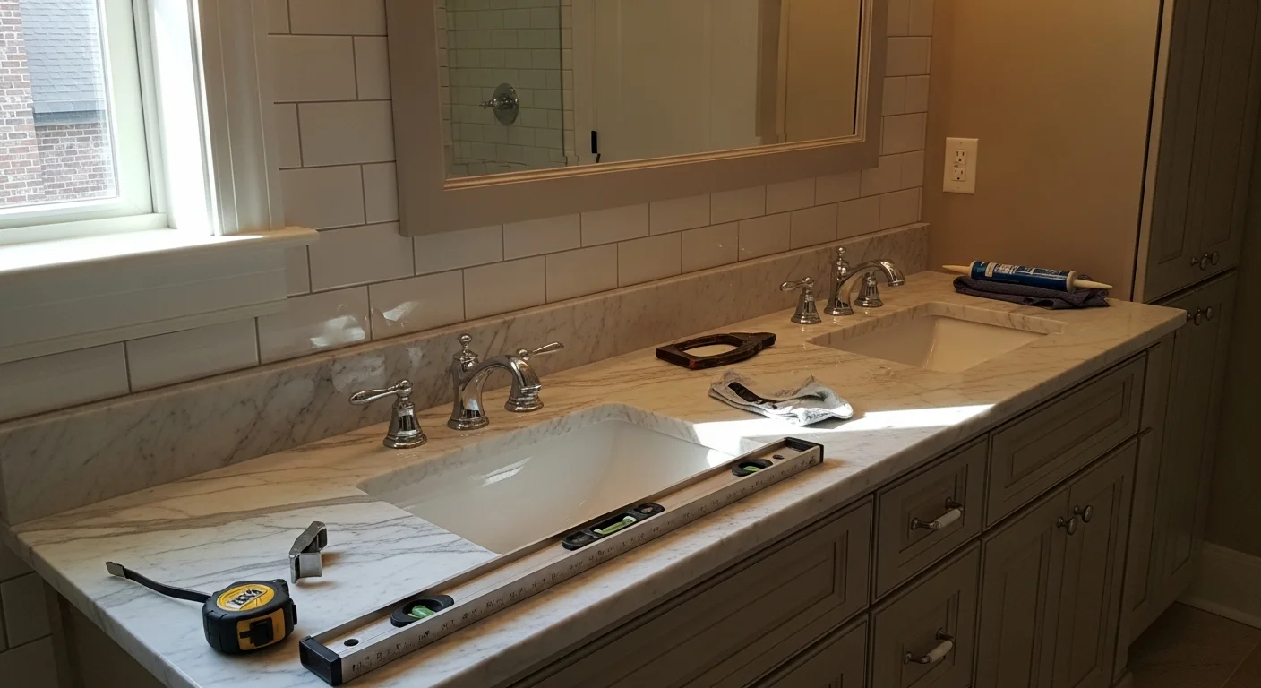 Remodeled bathroom with custom vanity and countertops