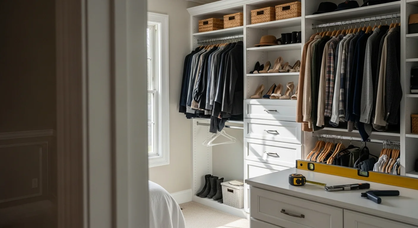 Custom closet with organized shelving and hanging rods