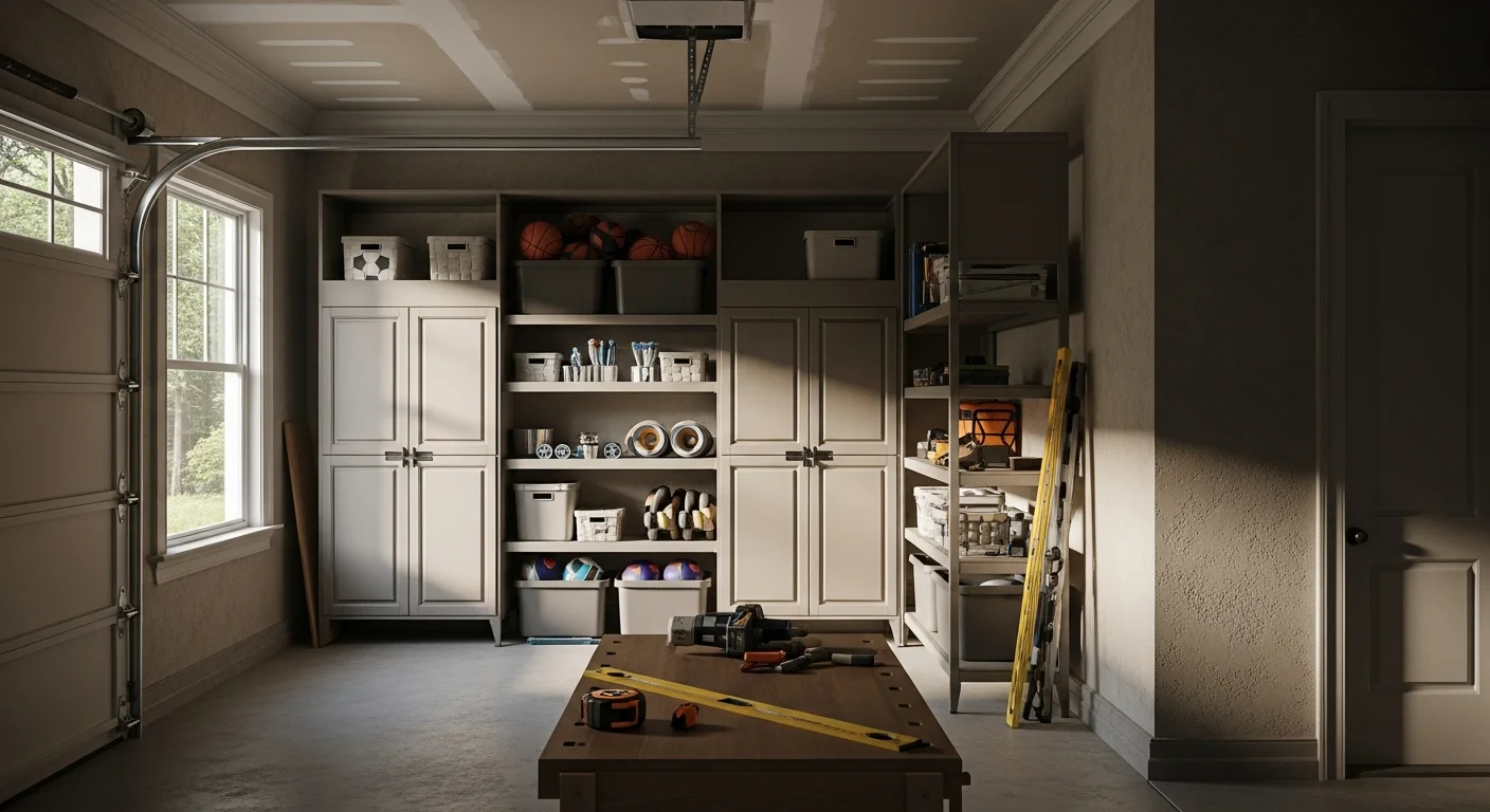 Organized garage with custom shelving and storage systems