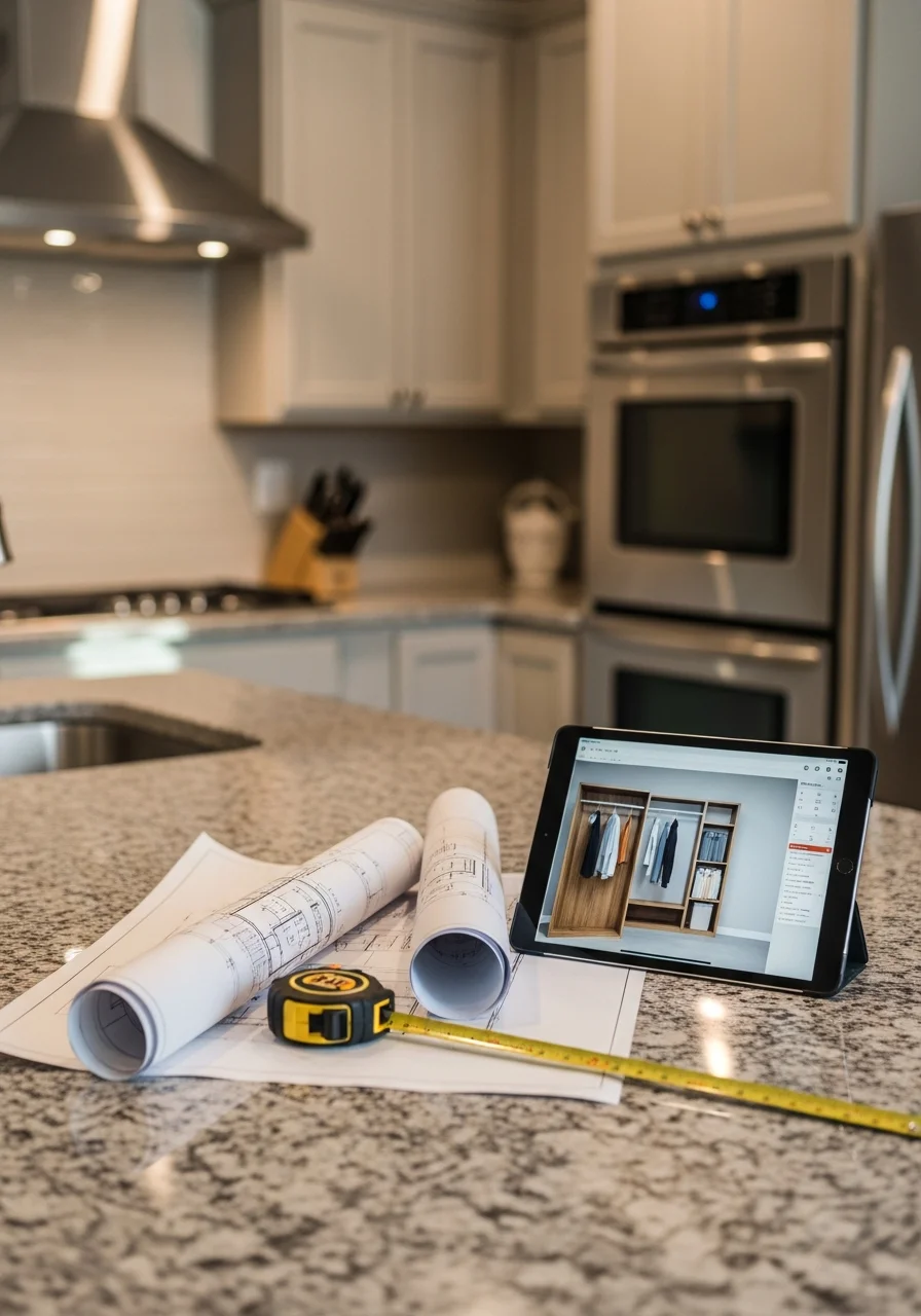 Professional contractor reviewing building plans with a homeowner in a modern kitchen with stainless steel appliances.