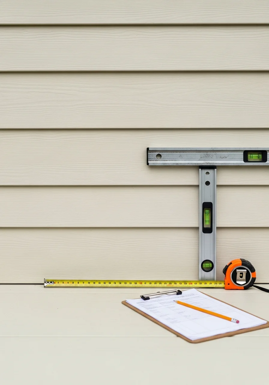 Contractor measuring and inspecting a home's exterior wall with professional tools and clipboard.