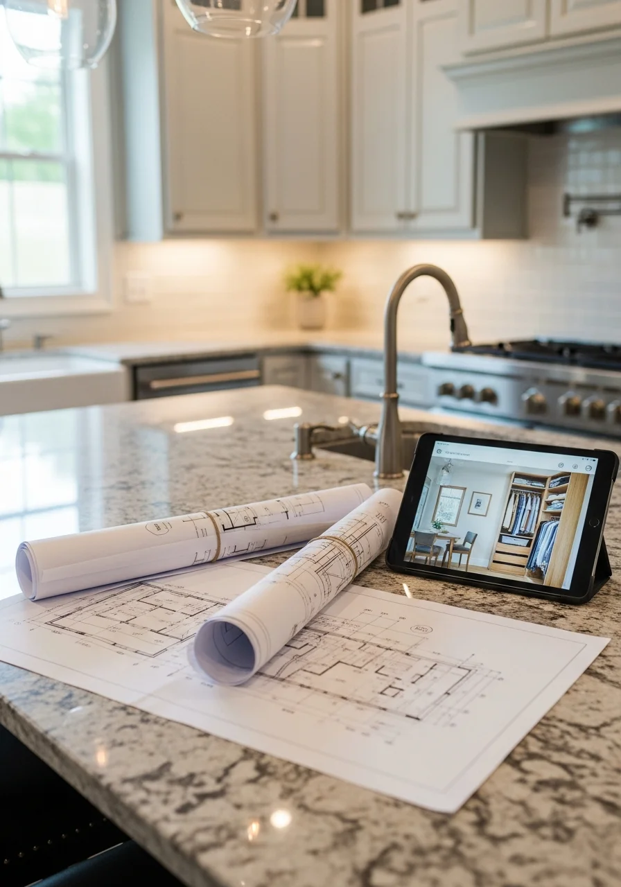 Close-up of a homeowner reviewing project plans with a contractor in a bright kitchen with granite countertops.