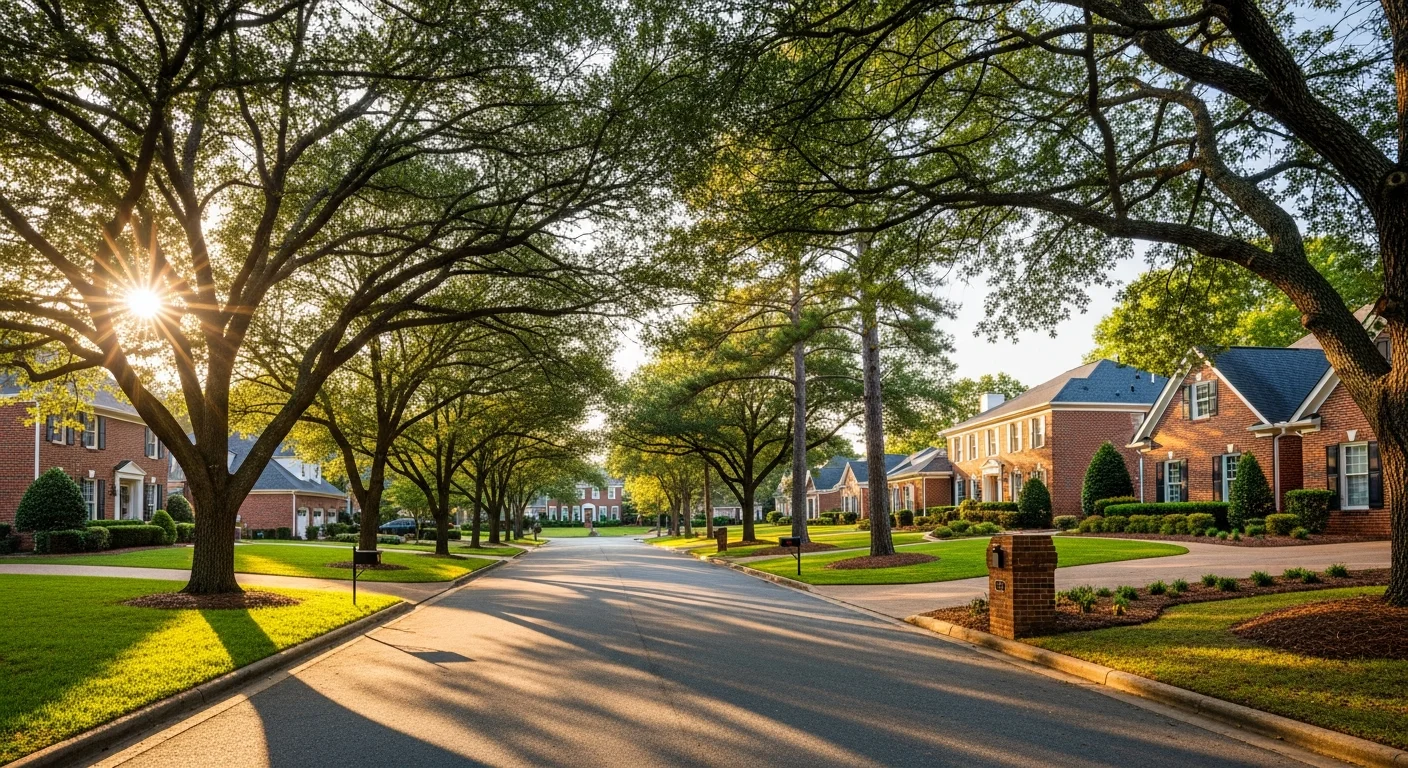 Established residential street in East Cobb with mature trees, brick homes, and well-maintained driveways under afternoon sunlight.