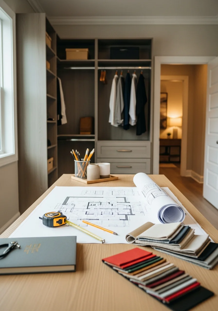 Homeowner and contractor discussing project details in a well-lit home office with architectural plans spread on desk.