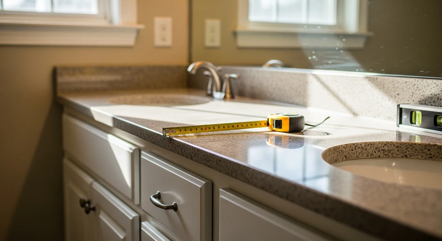 A freshly installed bathroom countertop on a double vanity inside an East Cobb, GA home, showing clean sink cutouts and a smooth surface under bright bathroom lighting. The updated vanity sits against a neutral-tiled wall typical of established East Cobb residential bathrooms.