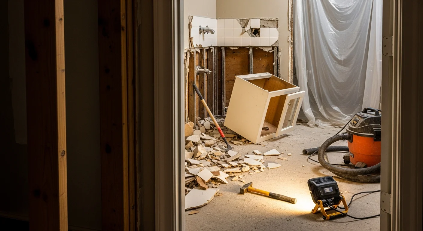 A gutted bathroom interior in an East Cobb, GA home showing exposed wall studs and bare subfloor after full demolition. Old tile, fixtures, and drywall have been fully removed in preparation for a bathroom remodel.