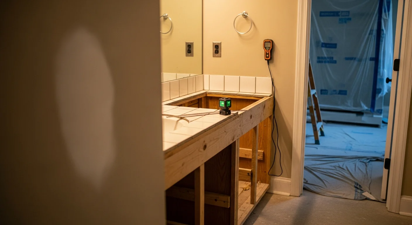 A cleared and measured East Cobb bathroom interior showing exposed walls and subfloor ready for remodeling work. The space is prepped with protective coverings on adjacent flooring and no existing fixtures remaining.