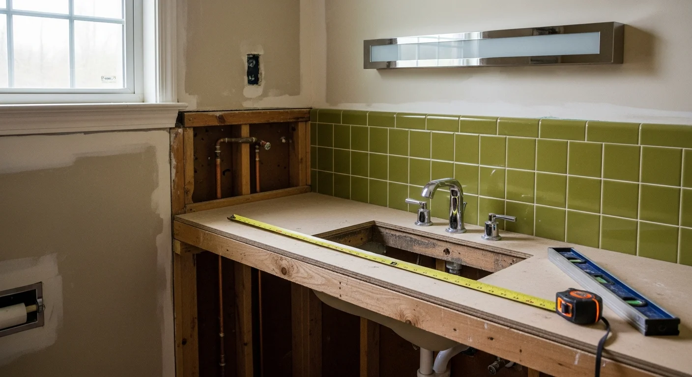 A remodeled bathroom interior in an East Cobb, GA home showing updated tile flooring, a new vanity with storage, and a walk-in shower with clean, neutral finishes. The space reflects a practical layout update common in older East Cobb subdivision homes.