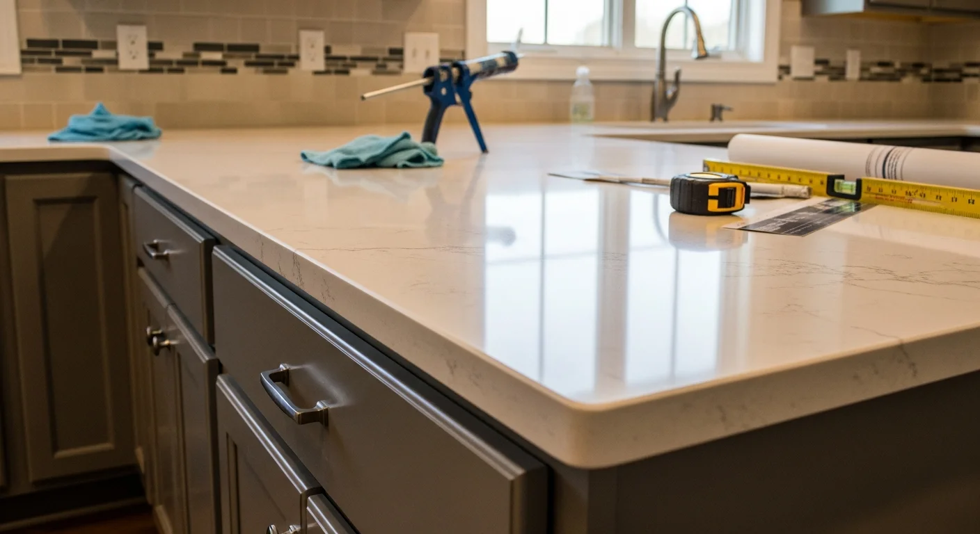 Newly installed kitchen countertop in an East Cobb, GA home, showing a clean surface fitted across white shaker cabinets with a polished edge detail. The kitchen features a traditional layout common to single-family homes in the East Cobb area.