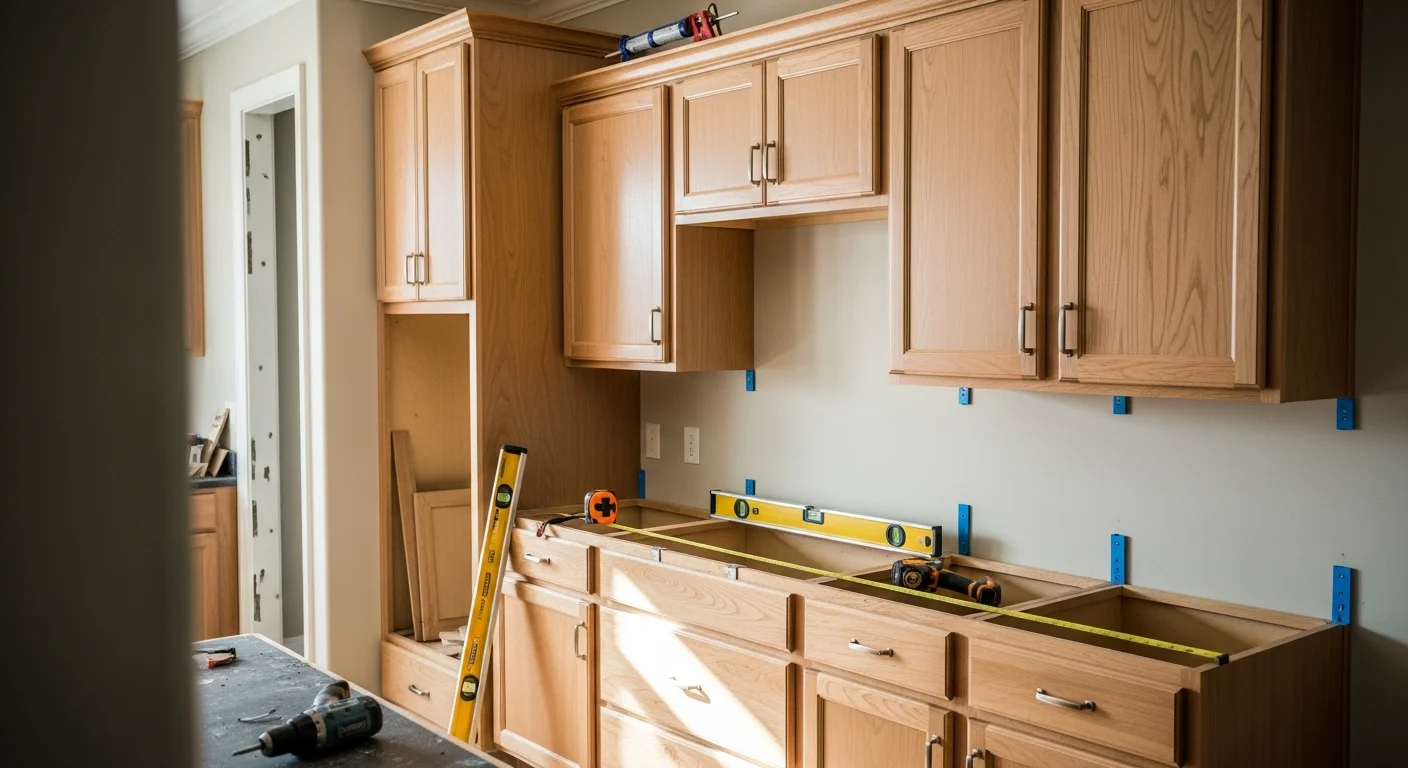 Newly installed custom kitchen cabinets in an East Cobb, GA home, showing floor-to-ceiling upper cabinets with crown molding, aligned lower cabinet doors, and finished toe kick along a light-toned kitchen wall.