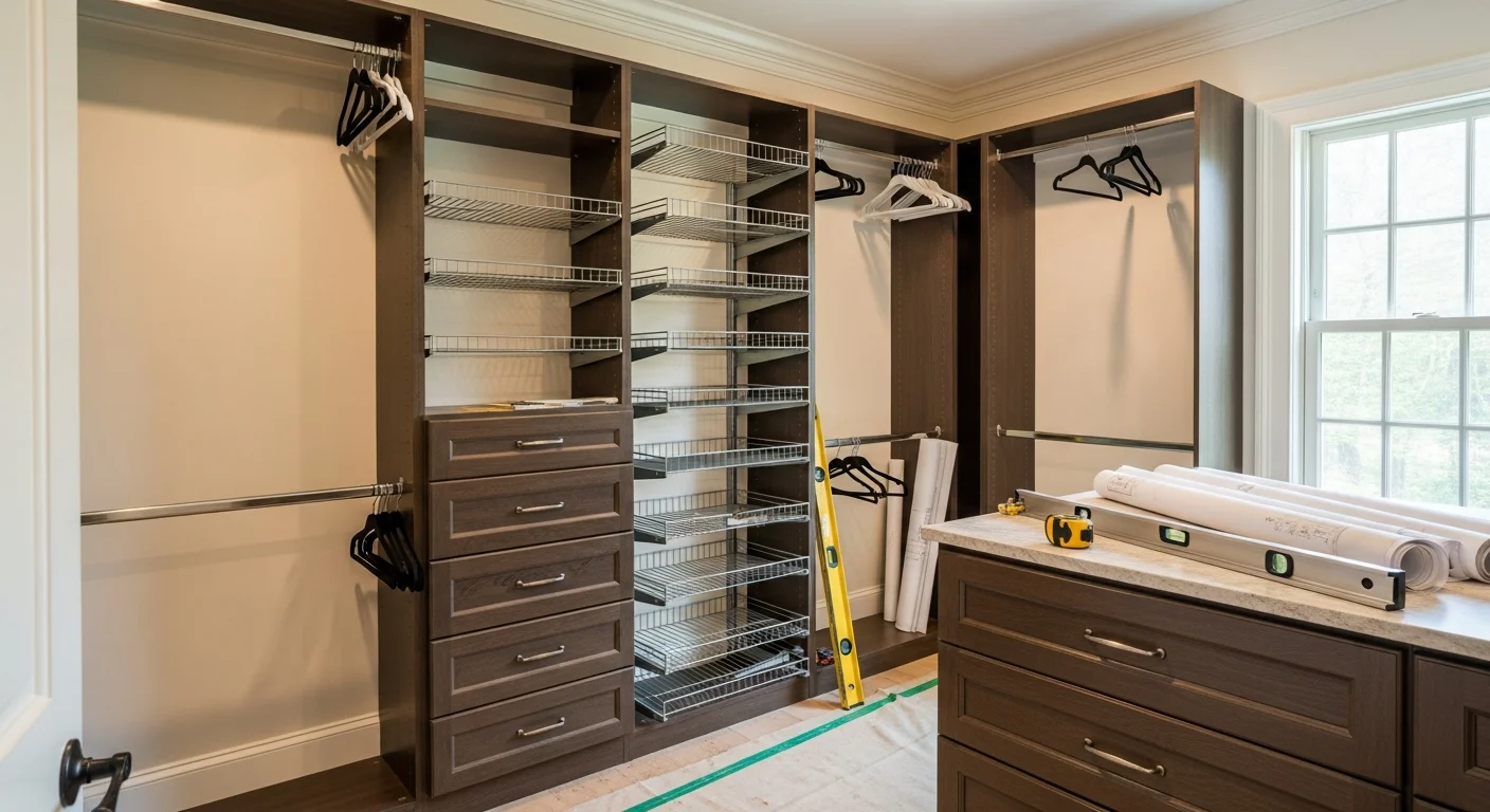 A finished custom walk-in closet in an East Cobb, GA home, showing double hang rods, built-in drawers, and adjustable shelving along three walls. The space is fully organized with shoes, folded items, and hanging clothes stored in separate sections.