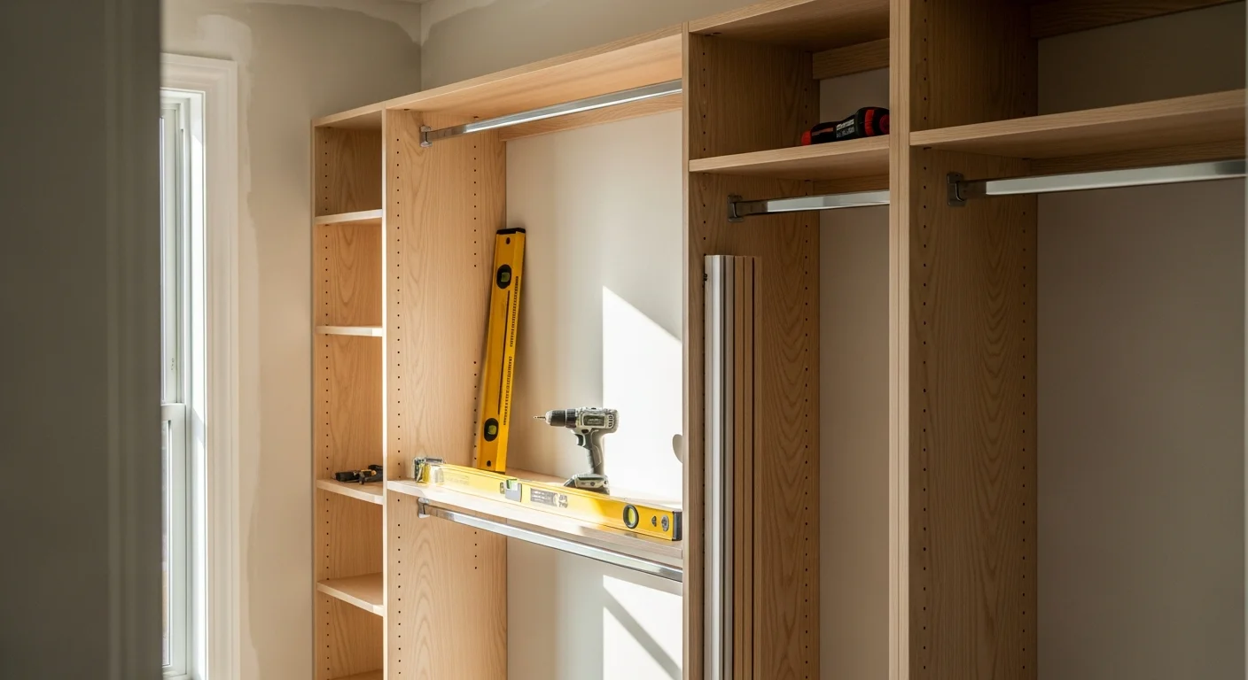 A finished custom walk-in closet installed by Southern Custom Closets LLC in an East Cobb, GA home, showing built-in shelving, double hanging rods, and dedicated drawer units. The closet is fully organized with clean lines and uses all available wall space from floor to ceiling.