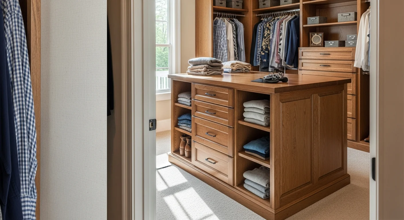 A custom-built closet island with multiple drawers installed in a large walk-in primary closet inside an East Cobb, GA home. The island sits centered between wall-mounted shelving and hanging rods, with a flat folding surface on top.