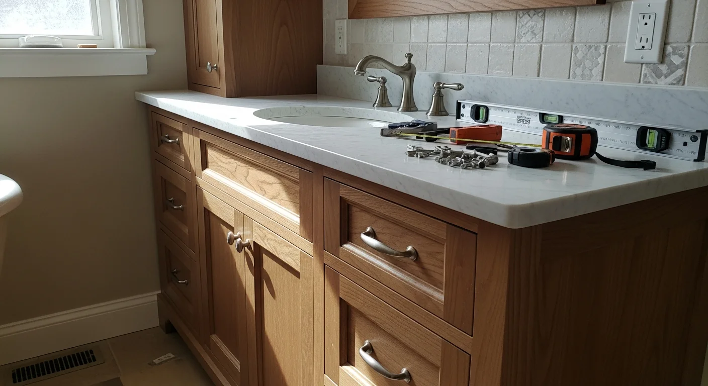 A newly installed custom wood-cabinet vanity with double sinks fitted against a tiled wall in an East Cobb master bathroom. The cabinet runs wall to wall with soft-close drawers and brushed hardware aligned at counter height.