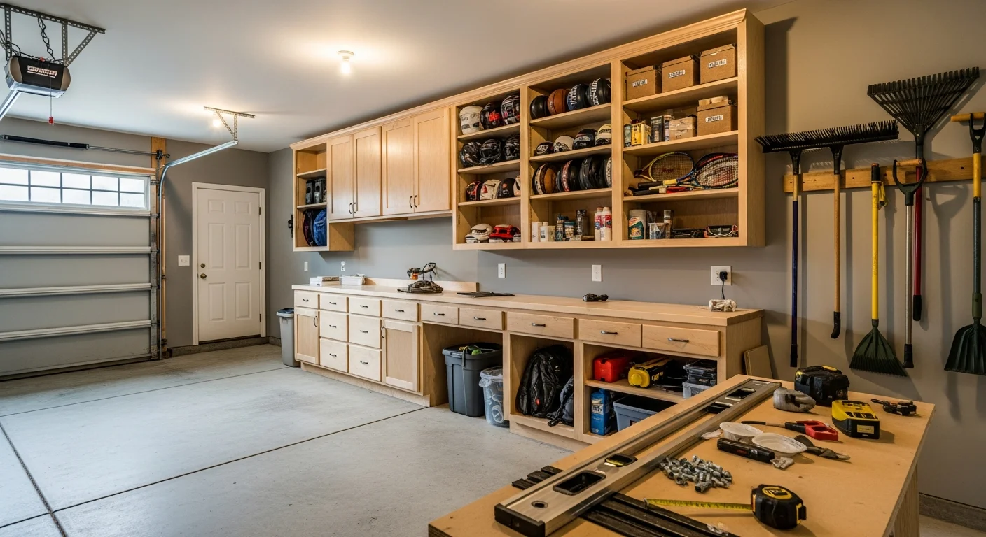 Installed wall-to-wall garage cabinets in an East Cobb, GA home with a clear epoxy floor and open parking space. Closed cabinet doors conceal tools, seasonal gear, and storage bins in a two-car garage.