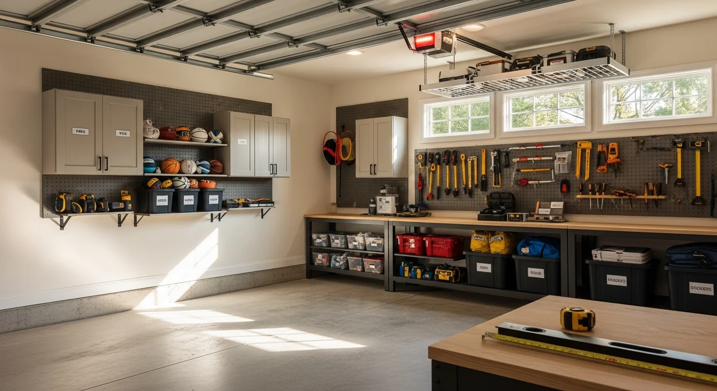 A finished garage organization system installed by Southern Custom Closets LLC in an East Cobb, GA home, showing wall-mounted cabinets, overhead storage, and clear floor space for two vehicles. The system uses the full wall height to store tools, sports gear, and seasonal items in a large single-family garage.