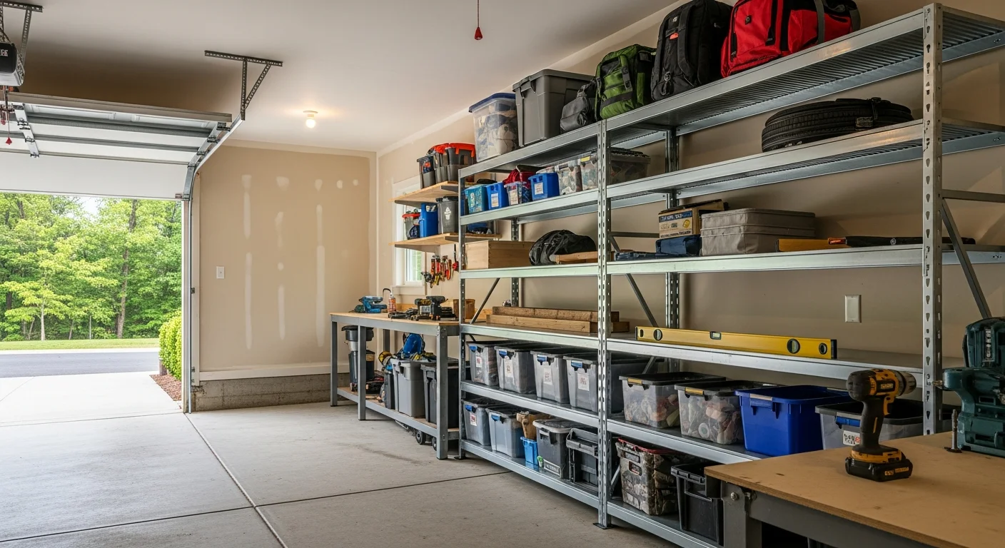 Installed wall-mounted garage shelving system in an East Cobb, GA home, with tools, storage bins, and seasonal gear organized on multiple shelf levels. The garage floor is clear with space for two vehicles.