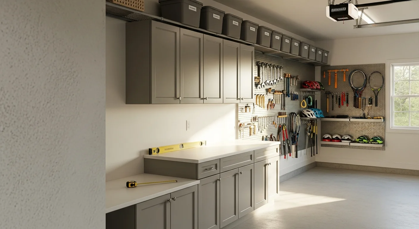 Finished custom garage storage system installed in an East Cobb, GA two-car garage, showing wall-mounted cabinets, overhead shelving, and open floor space for vehicle parking. Organization panels on the side wall hold tools and sports equipment in clearly labeled zones.