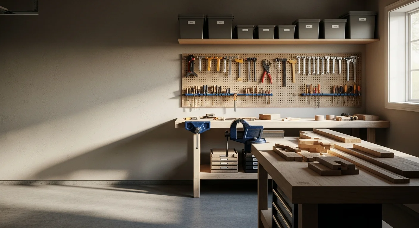 Custom garage workspace in an East Cobb, GA home featuring wall-mounted tool storage, built-in cabinetry, and an open work surface. The organized layout keeps the floor clear while making full use of available wall space.