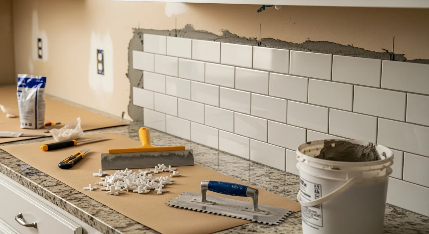 Freshly installed kitchen tile backsplash in an East Cobb, GA home, showing even grout lines and clean edges behind the stovetop. The backsplash runs from the countertop to the upper cabinets in a traditionally styled kitchen.