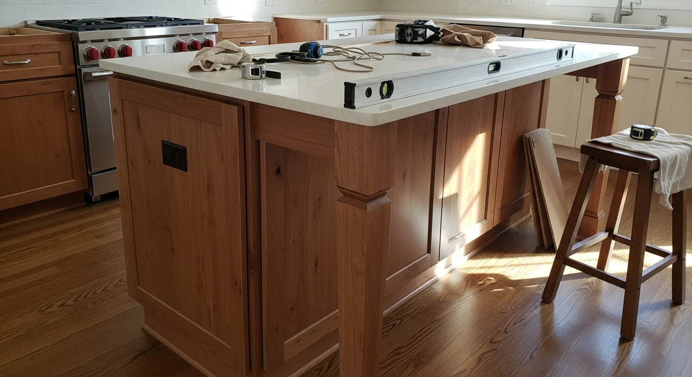 A newly installed custom kitchen island with cabinet storage and a stone countertop in an East Cobb, GA home kitchen. The island sits centered in an open-concept layout with matching cabinetry along the perimeter walls.