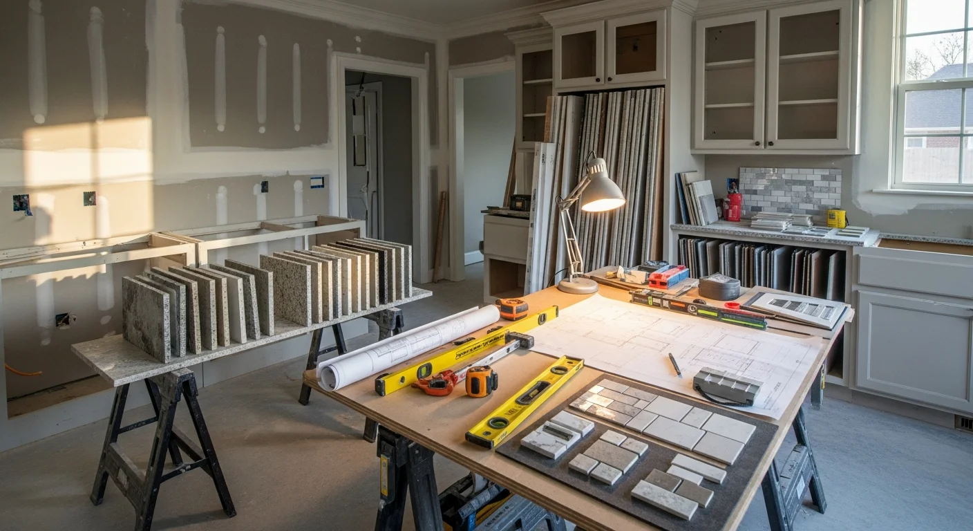 Remodeled kitchen in an East Cobb, GA home featuring custom cabinetry, updated countertops, and recessed lighting. The open layout connects to an adjacent living area typical of established East Cobb subdivisions.
