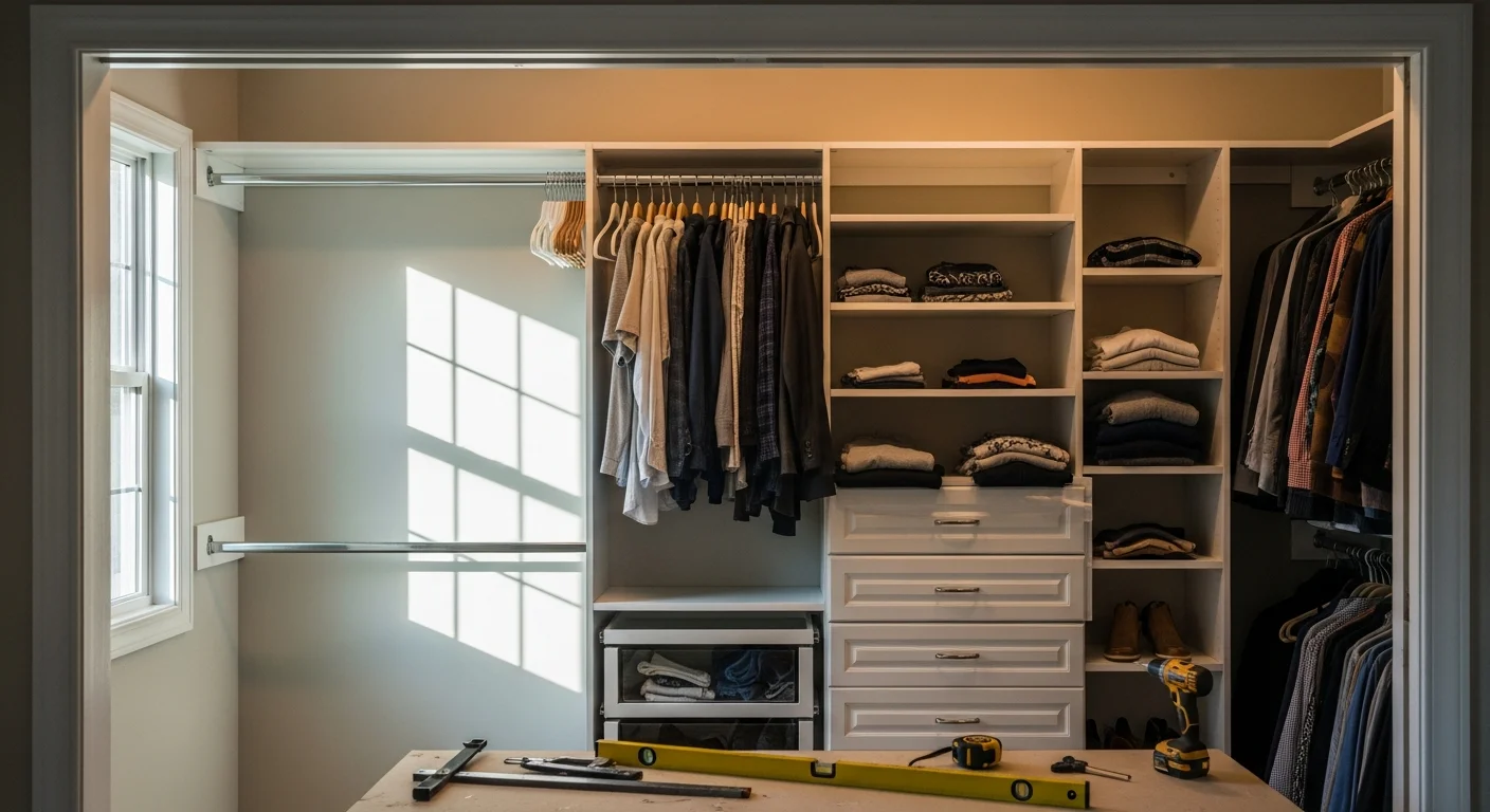 Custom reach-in closet organization system installed in an East Cobb, GA home, showing double hanging rods, built-in shelving, and shoe storage fitted to a standard bedroom closet opening. Finished wood components replace a single builder-grade rod and shelf.