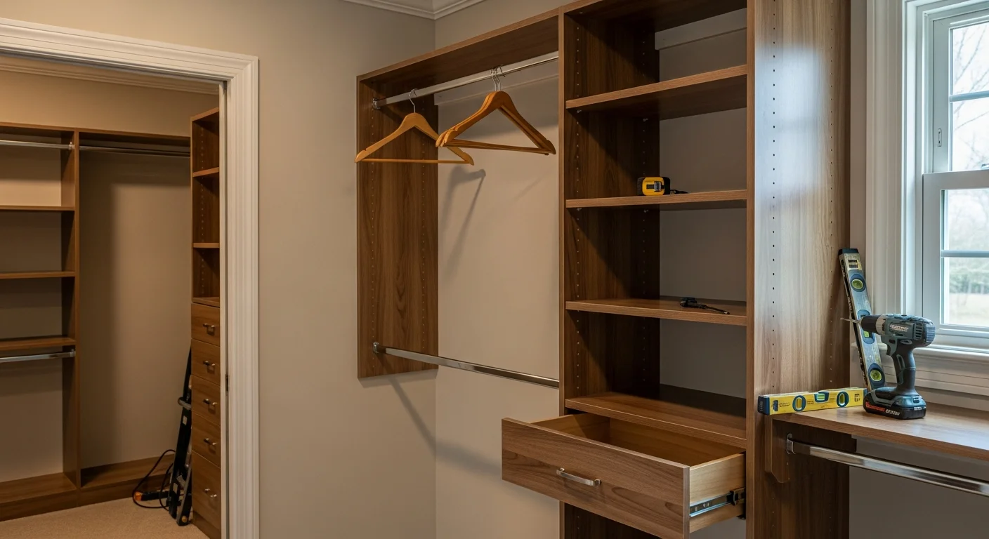 Custom walk-in closet installation in an East Cobb, GA home, showing stud-mounted double hang rods, pull-out drawers, and dedicated shoe shelving built to fit a large master suite. Southern Custom Closets LLC completed system with adjustable shelves and clean finished panels replacing original builder shelving.